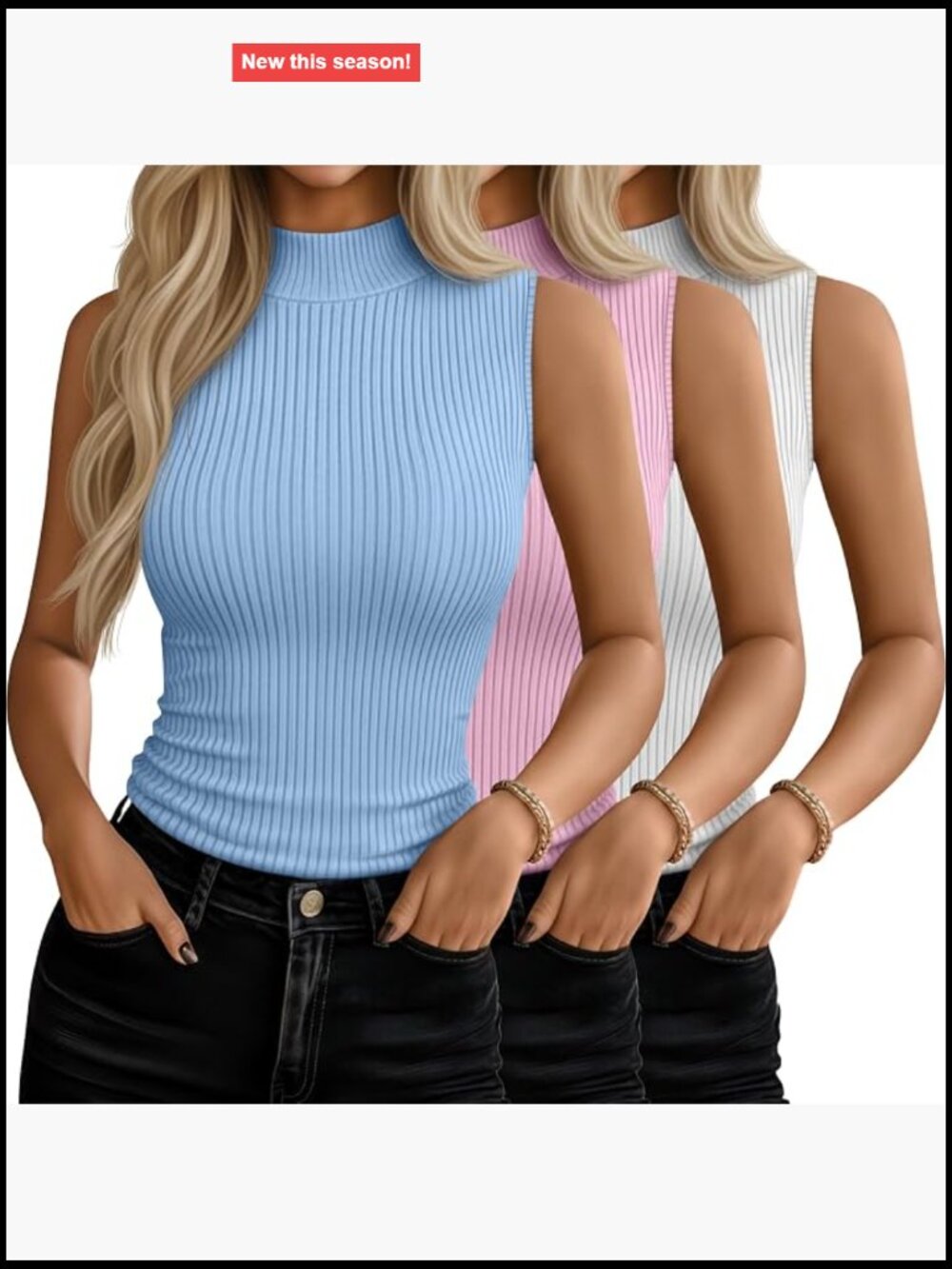 3 Pack Sleeveless Mock Neck Turtleneck Tanks, Fitted Stretch Rayon Spandex